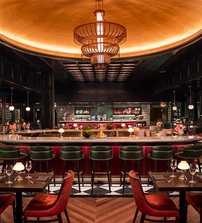 A bar and more seating around it