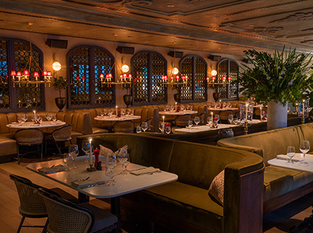 Moody indoor restaurant setting 